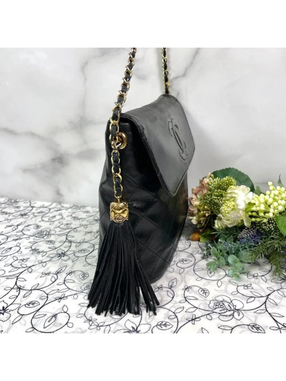 Chanel Vintage Quilted CC Logo Fringe Black